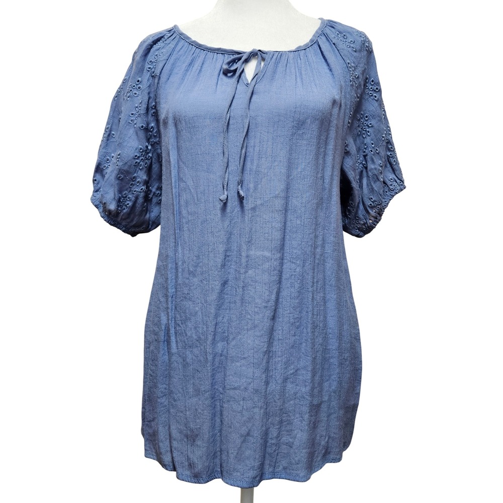 Como‎ Vintage Blue Embroidered Short Sleeve Peasant Blouse Size Small